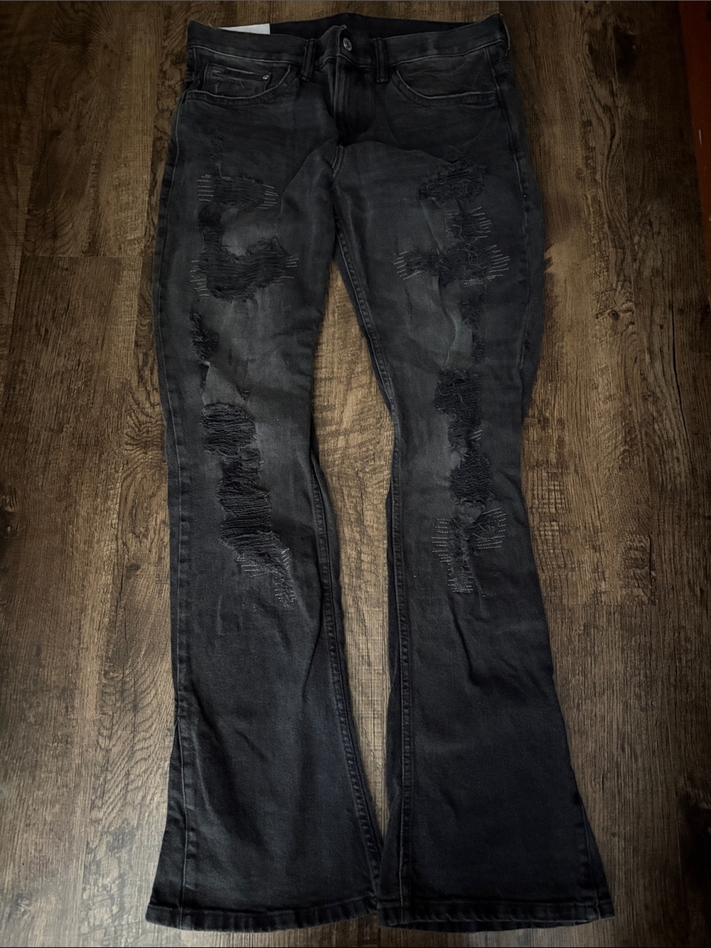 H&M Black Distressed Stacked Slim Fit Flare Jeans 32x32